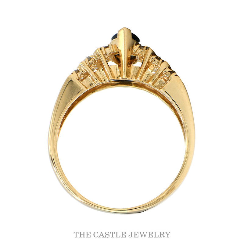 Front-facing view of the 14k yellow gold sapphire and diamond ring