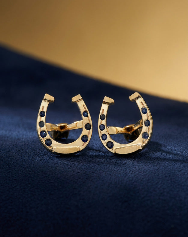 14k Yellow Gold Horseshoe Cufflinks with Sapphire Accents