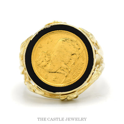 Cat Crown Coin Ring with Black Enamel Bezel and Split Sides in 14k Yellow Gold