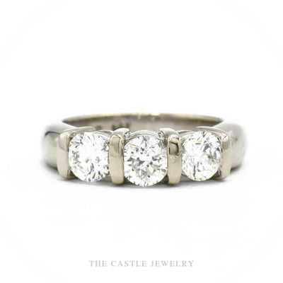 14k white gold three-stone tension-set round diamond band — top view