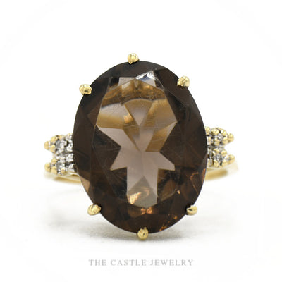 10k yellow gold oval smoky quartz ring with illusion-set diamond shoulders — top view