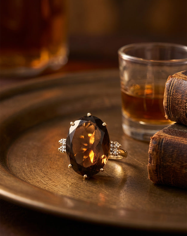 Oval Smoky Quartz Ring with Illusion-Set Diamond Shoulders in 10k Yellow Gold