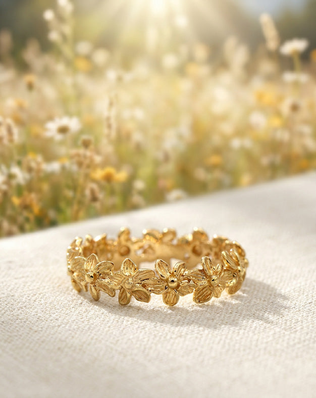 Flower Eternity Band with Sculpted Blossoms in 14k Yellow Gold
