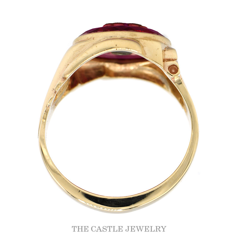 Front-facing view of the 10k yellow gold synthetic ruby 'H' initial ring showing stepped shoulder construction
