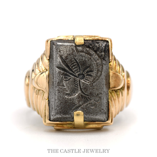 10k yellow gold men's ring with rectangular gray hematite intaglio carved with a Roman warrior profile and fluted shoulders — top view