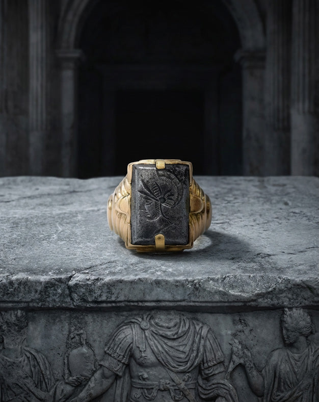 Hematite Intaglio Warrior Profile Men's Ring with Fluted Shoulders