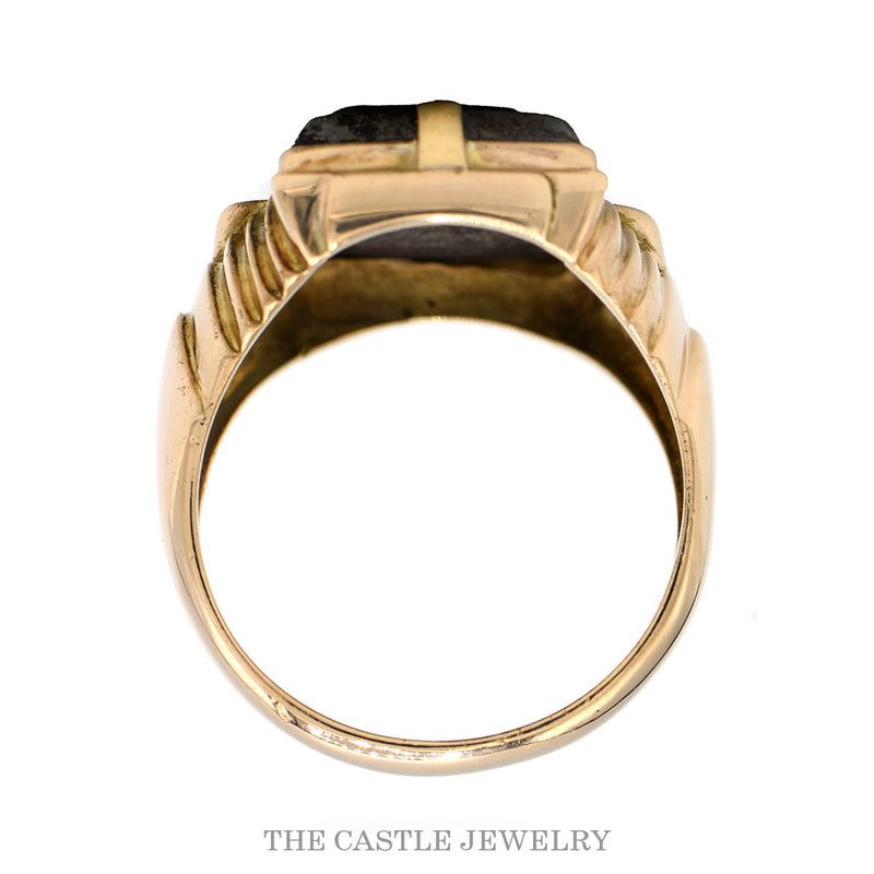 Front-facing view of the 10k yellow gold hematite intaglio warrior ring showing the fluted shoulder grooves
