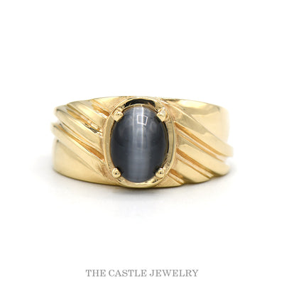 10k yellow gold men's cat's-eye chrysoberyl ring with ridged band — top view