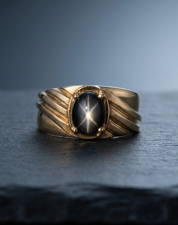 Men's Cat's-Eye Chrysoberyl Ring with Ridged Band in 10k Yellow Gold