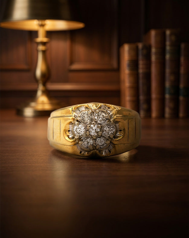 7 Round Diamond Cluster Men's Ring with Scalloped Mounting in 10k Yellow Gold