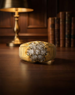 7 Round Diamond Cluster Men's Ring with Scalloped Mounting in 10k Yellow Gold