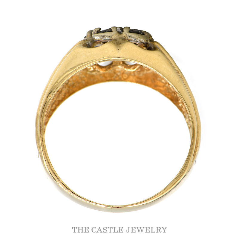 Front-facing view of the seven diamond scalloped cluster men's ring in 10k yellow gold