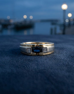 Oval Sapphire Men's Ring with Illusion Set Diamond Sides in 14k Two Tone Gold