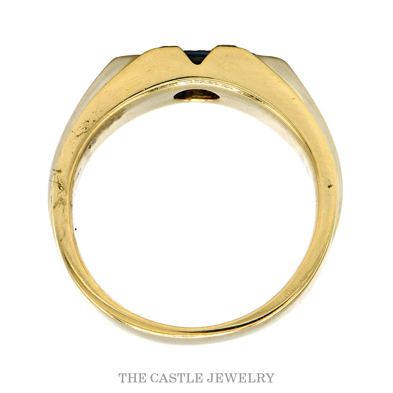 Front-facing view of the east-west oval sapphire men's ring in 14k two tone gold