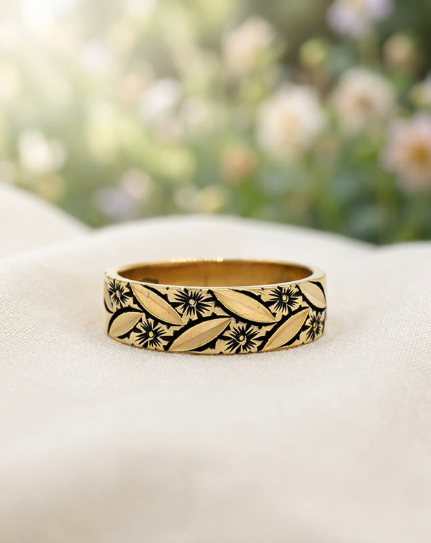 Floral Design Band with Engraved Leaves and Antiqued Flowers in 14k Yellow Gold