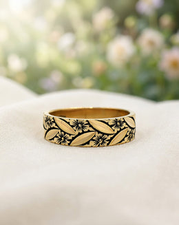 Floral Design Band with Engraved Leaves and Antiqued Flowers in 14k Yellow Gold