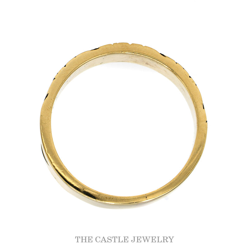 Front-facing view of the 14k yellow gold floral band