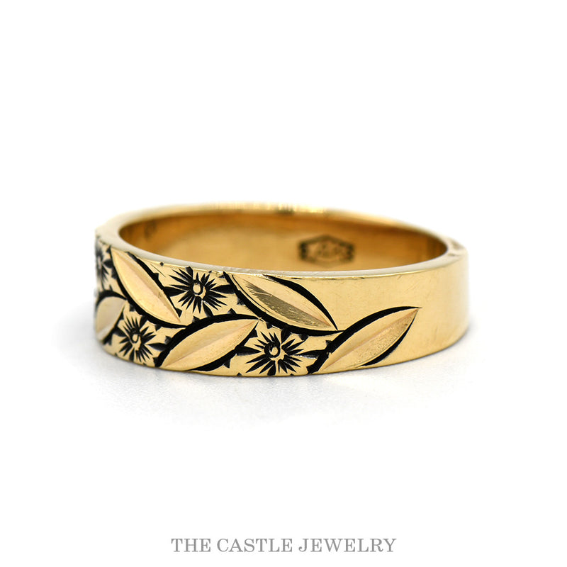Side profile of the 14k yellow gold floral engraved band