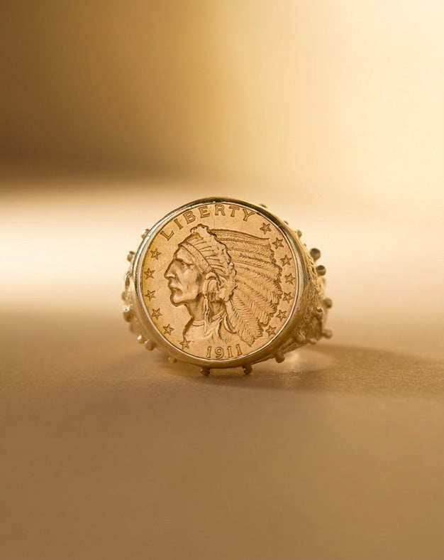 Men's Indian Head Gold Coin Ring with Drop Design Sides in 14k Yellow Gold