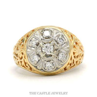 14k yellow gold vintage Kentucky cluster diamond ring — top view