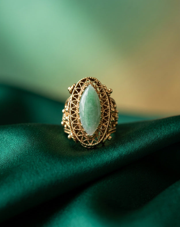 Marquise Green Jade Filigree Cocktail Ring in 14k Yellow Gold