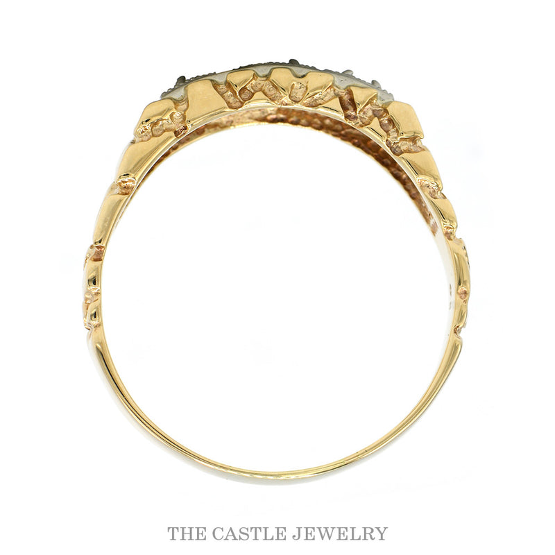 Front-facing view of the 10k yellow gold 3-diamond nugget ring