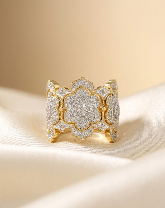 0.65ctw Three-Flower Diamond Cigar Band in 14k Two-Tone Gold