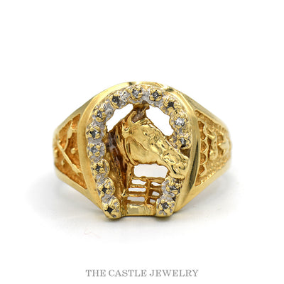 10k yellow gold horse head and horseshoe diamond ring — top view
