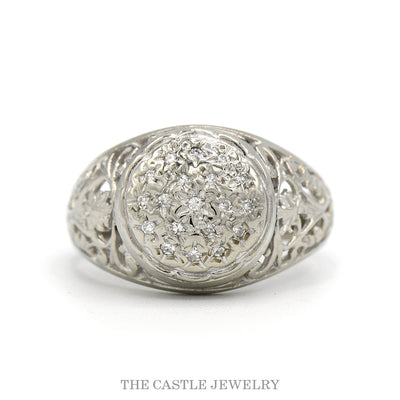 14k white gold diamond filigree dome ring — top view