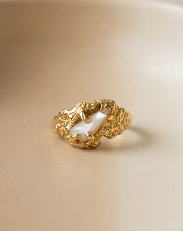 Baroque Pearl Ring with Gold Nugget Setting in 14k Yellow Gold — lifestyle photography