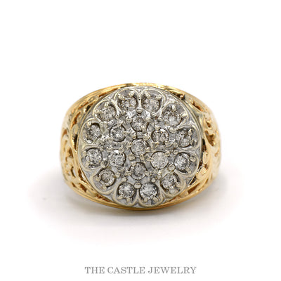 19 diamond Kentucky cluster ring, 3/4cttw, with a white gold top on open filigree yellow gold sides in 14k gold — top view