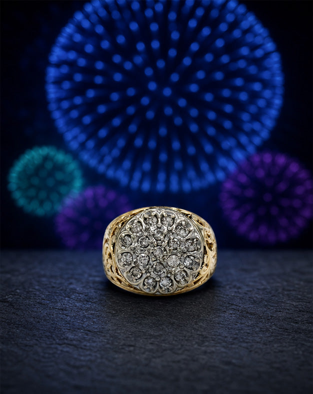 3/4cttw 19 Diamond Kentucky Cluster Ring with Filigree Sides in 14k Yellow Gold