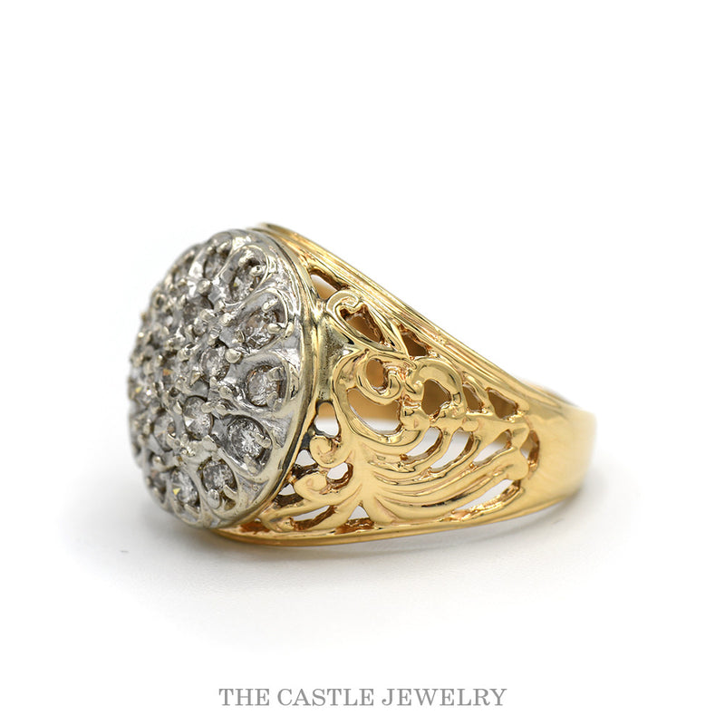 Side profile of the Kentucky cluster ring showing the raised white gold top and pierced filigree shoulder