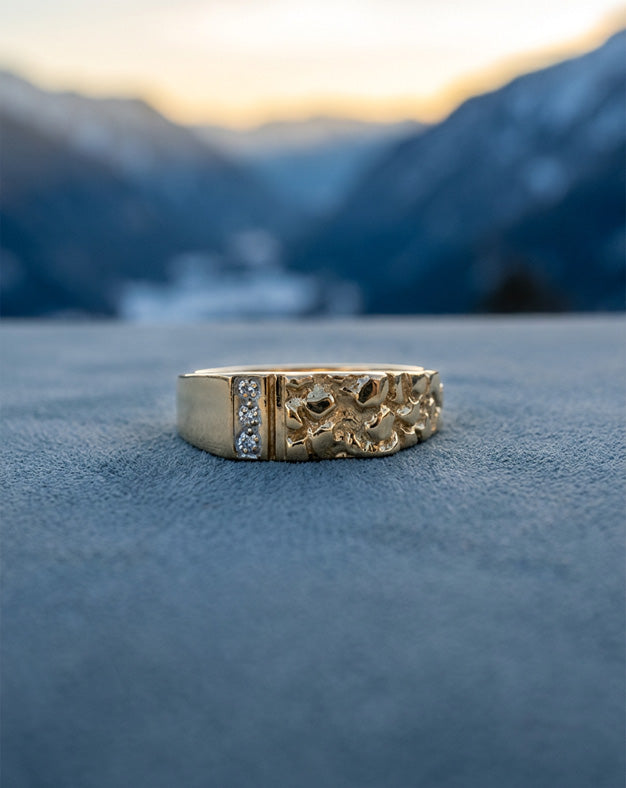Nugget Textured Band with Vertical Diamond Row in 10k Yellow Gold