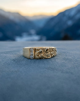 Nugget Textured Band with Vertical Diamond Row in 10k Yellow Gold