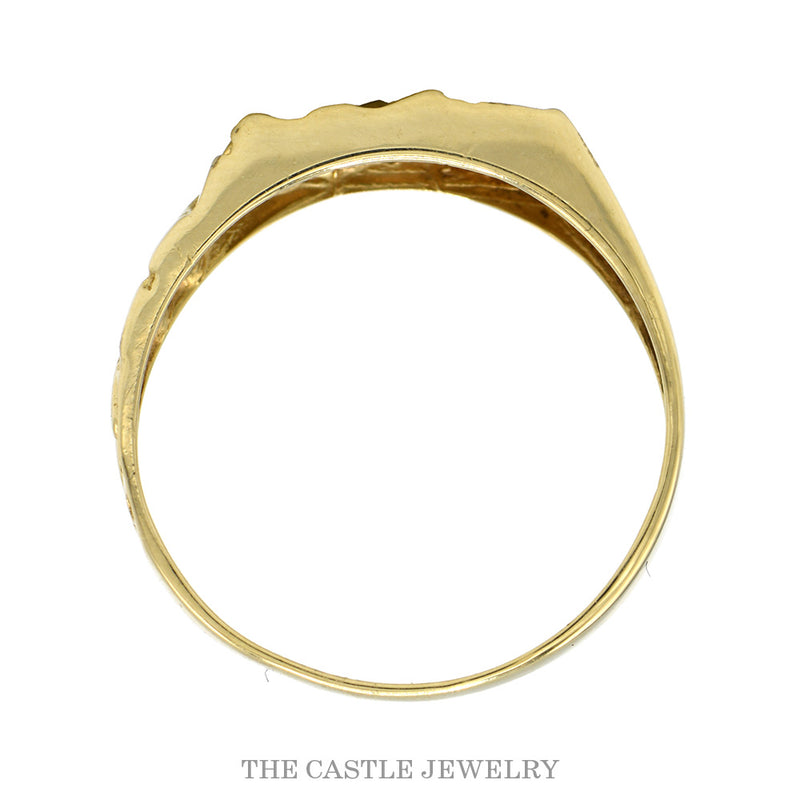 Front-facing view of the nugget textured band with vertical diamond row in 10k yellow gold