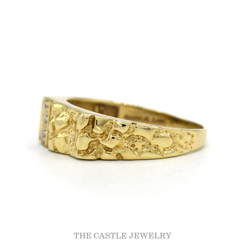Side profile of the 10k yellow gold nugget band with diamond accents