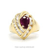 14k yellow gold pear ruby cocktail ring with diamond swirl frame — top view - Thumbnail 1