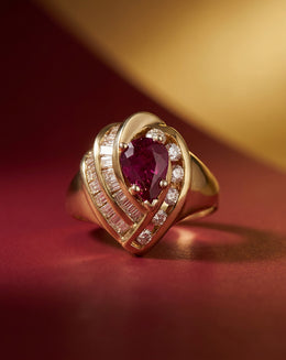 Pear Ruby Cocktail Ring with 1ctw Diamond Swirl Frame in 14k Yellow Gold