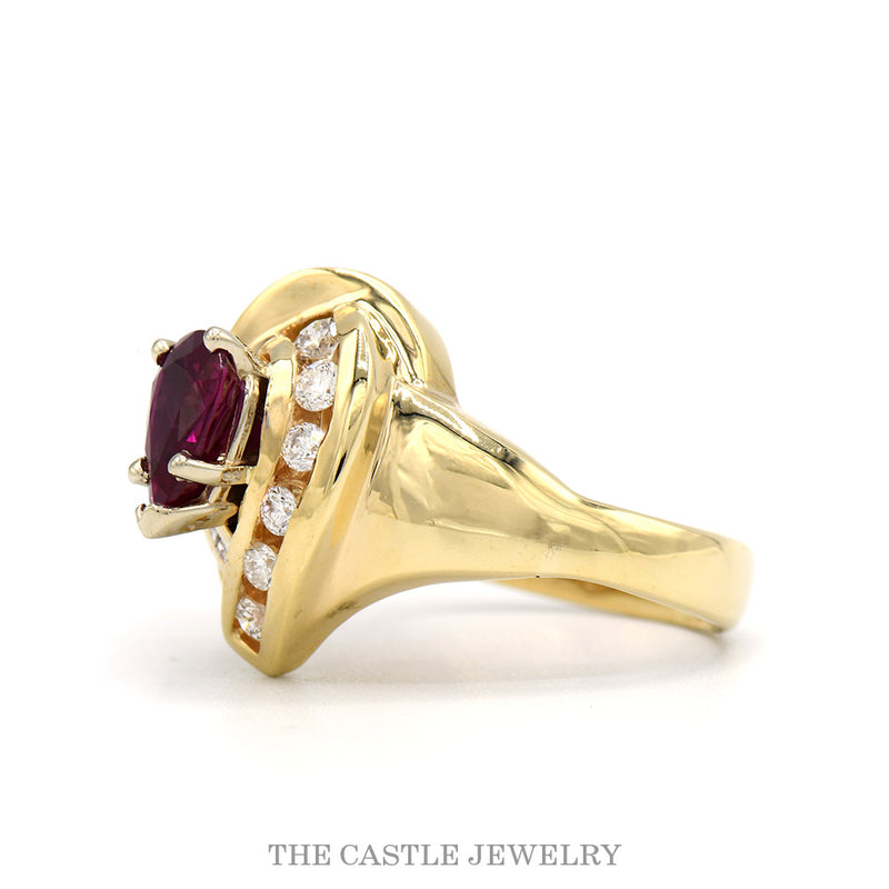 Side profile of the 14k yellow gold ruby cocktail ring