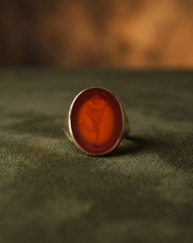 Oval Carnelian Intaglio Ring with Dancing Classical Figure in 10k Yellow Gold