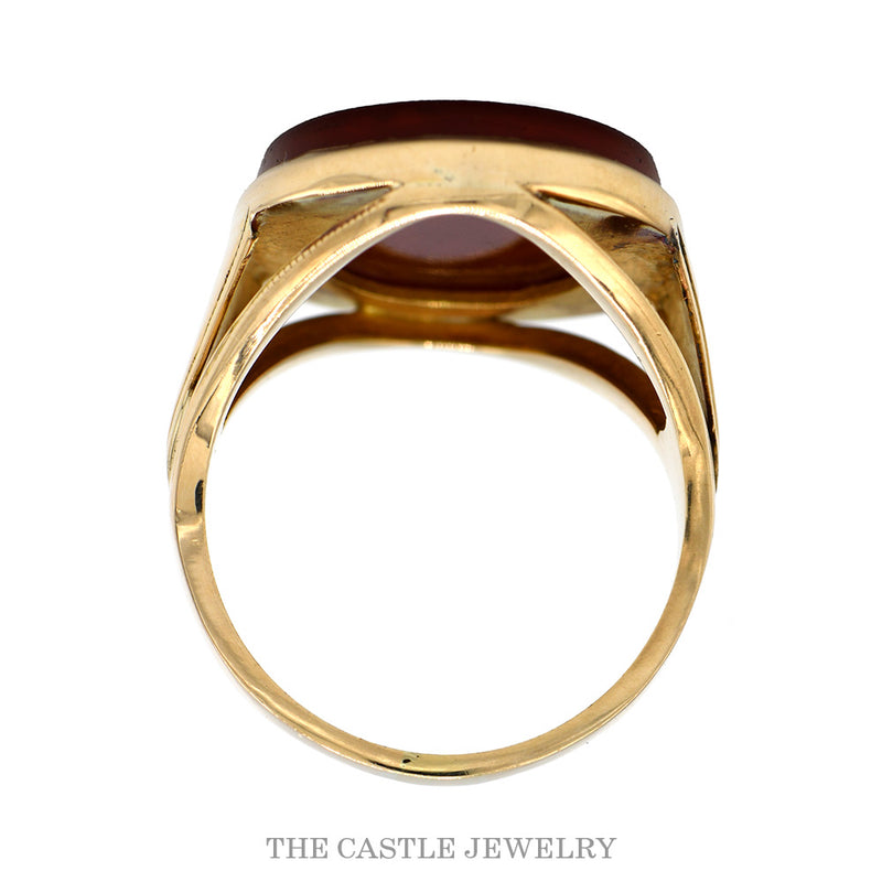 Front-facing view of the carnelian intaglio ring showing the carved bacchante figure