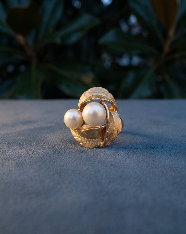 Double Pearl Bypass Ring with Brushed Leaf Design in 14k Yellow Gold