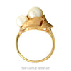 Front-facing view of the double pearl bypass ring with brushed gold leaves in 14k yellow gold - Thumbnail 3