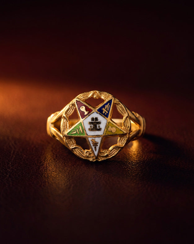 Order of the Eastern Star Ring with Enamel Star and Wreath Border in 14k Yellow Gold — lifestyle photography