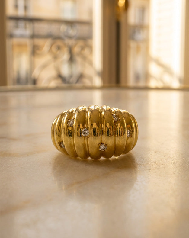 Diamond Accented Twist Dome Croissant Ring in 18k Yellow Gold