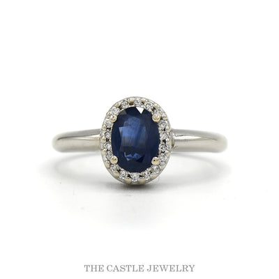 10k white gold oval sapphire diamond halo ring — top view
