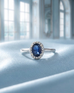 Oval Sapphire Ring with 0.09cttw Diamond Halo in 10k White Gold