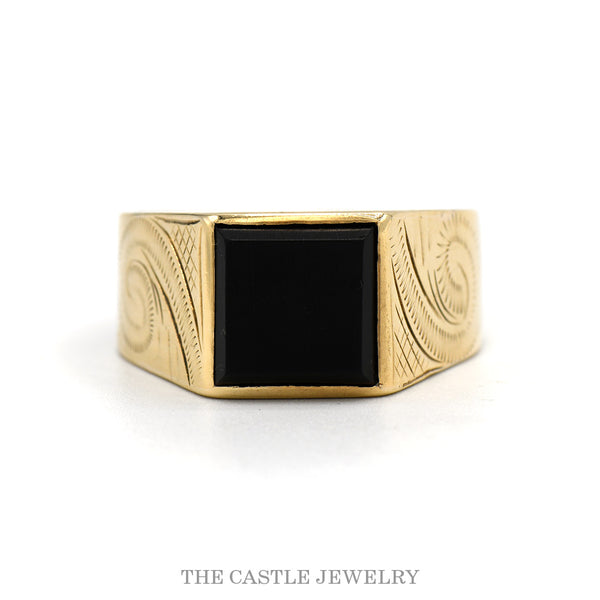 10k yellow gold men's square black onyx signet ring — top view