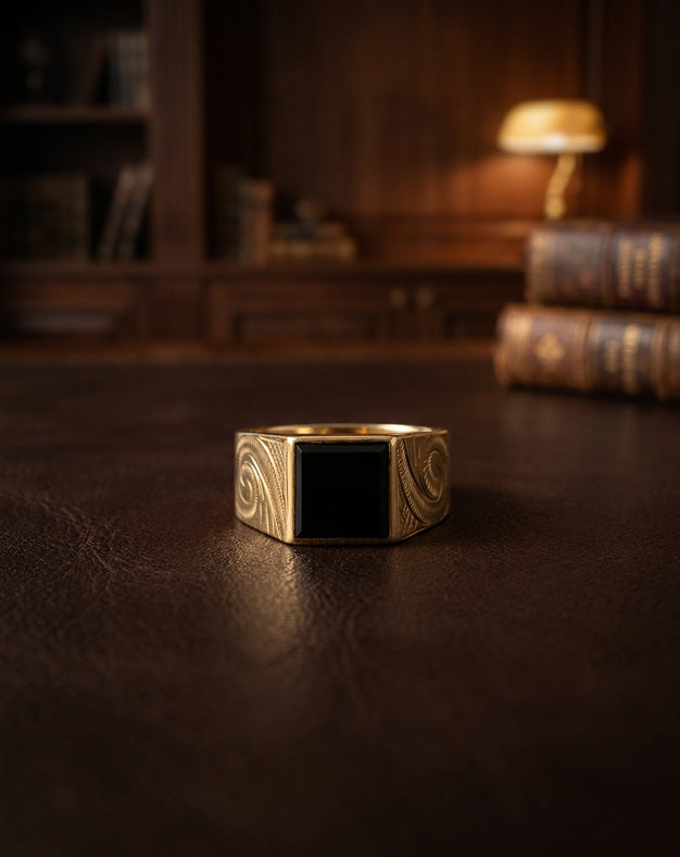Men's Square Black Onyx Ring with Engraved Scroll Sides in 10k Yellow Gold